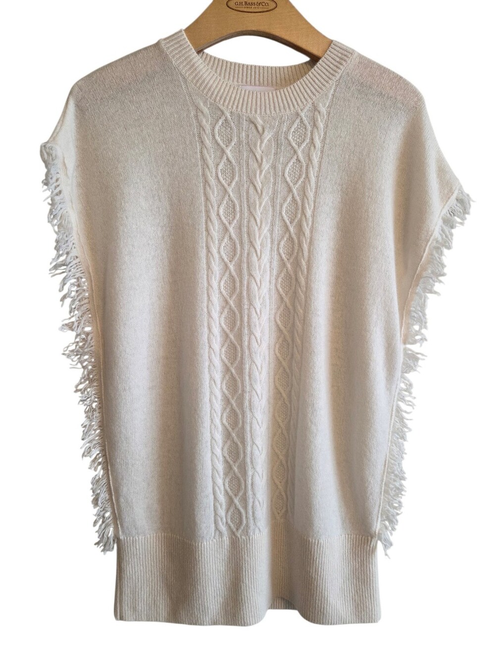Brodie Cashmere Cable Knit Fringe Trim Sleeveless Sweater Sz M Quiet Luxury